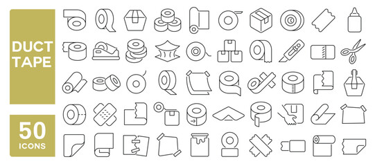 Set of 50 line icons related to duct tape, adhesive, sticker, glue, rolled up, sticky, tape, Editable stroke. Vector illustration