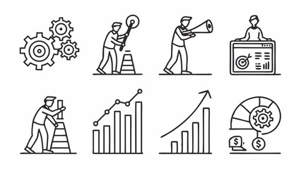 "Line art icon set representing business concepts: growth, teamwork, innovation, analytics. Thin black lines, uniform stroke width, white background, scalable vector design, modern flat style."