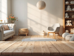 Empty wooden table in baby room. Space for text