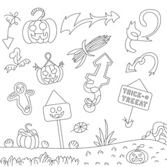 Festive halloween elements vector outline including pumpkins arrows ghostly figures and sign for decoration