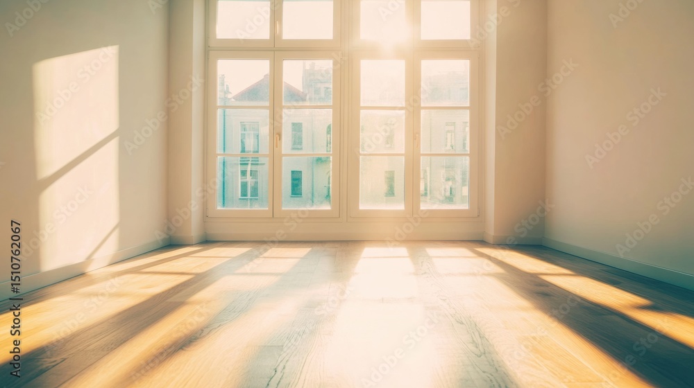 Poster sunlight streams through large windows in a bright, empty room