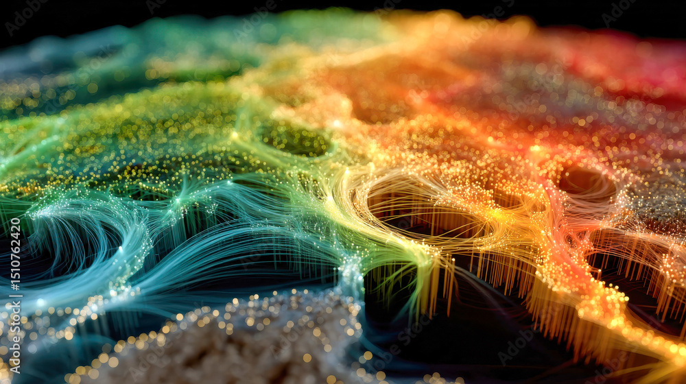 Poster abstract neural network glowing in a spectrum of colors, simulating data flow and digital connection