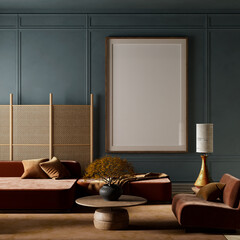 A harmonious blend of modern design and warm earthy elements in a stylish living room. 3D illustration