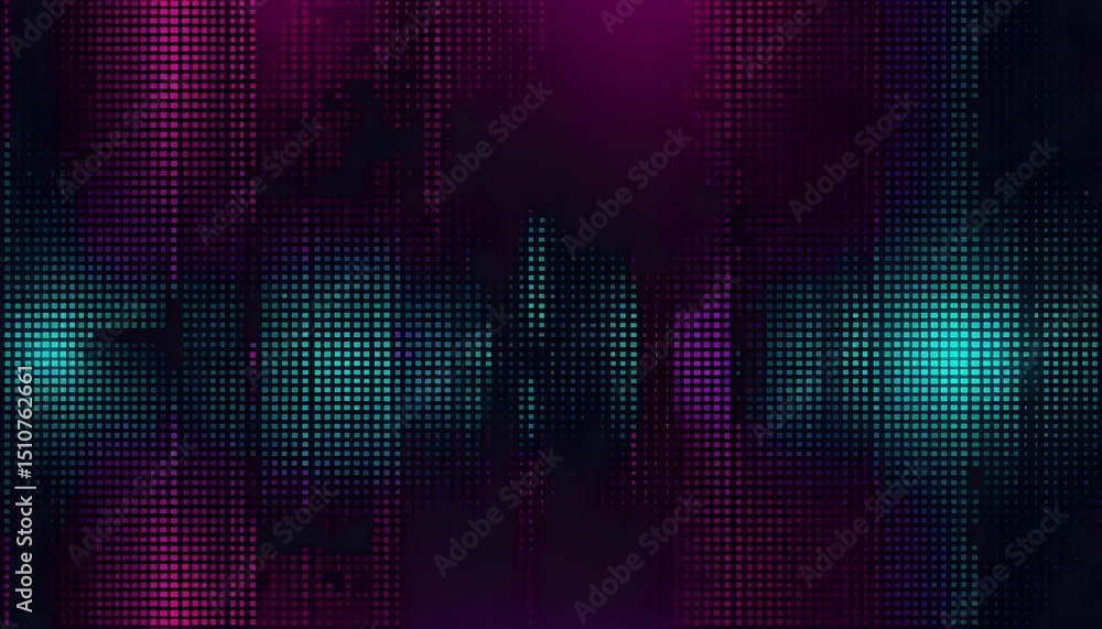 Poster abstract background with a pixelated grid pattern featuring teal and purple color gradients and dark