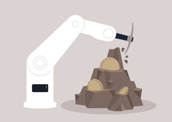Robotic arm skillfully chips away at a mound of virtual gold coins, demonstrating cutting-edge technology in cryptocurrency mining with precise movements