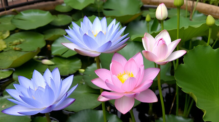 Blue Lotus Flowers in Water Garden with Pink Poppy and White Tuberose Blossoms