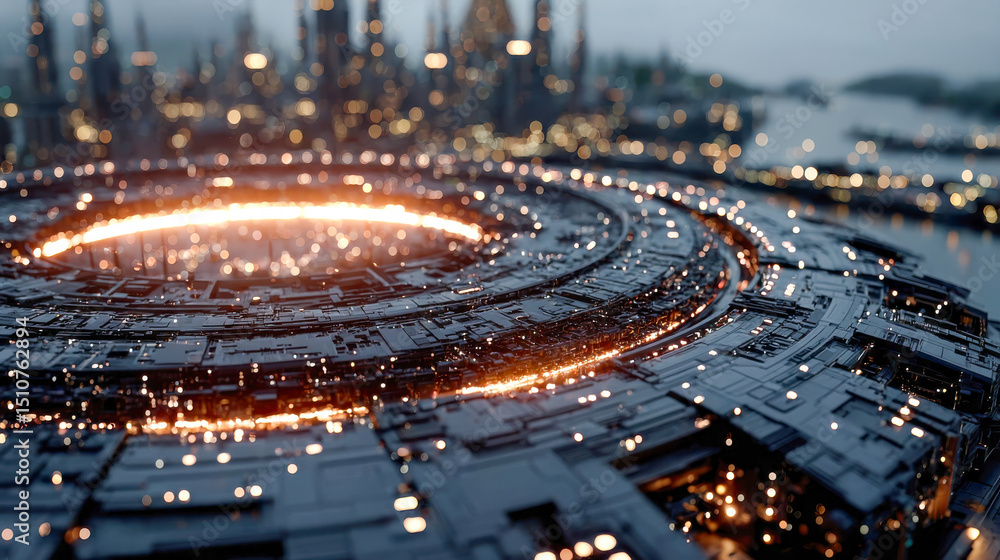 Poster futuristic data platform with concentric circuits glowing in blue and orange, depicting advanced dig