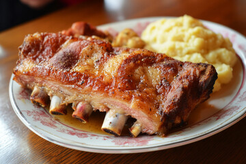 Savory haxe is beautifully plated with creamy mashed potatoes, showcasing a traditional German dish enjoyed in a warm, inviting dining atmosphere