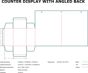 Counter display template with angled back showing the dimensions and design specifications for print.