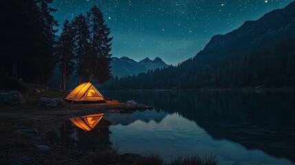 Illuminated Tent by a Calm Lake Under a Starry Night Sky