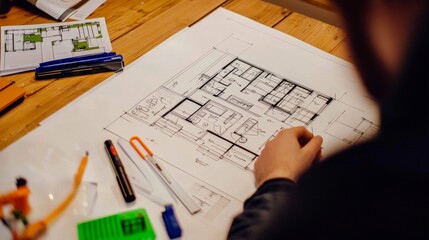 The organized setup of an interior designer’s table for creative projects.