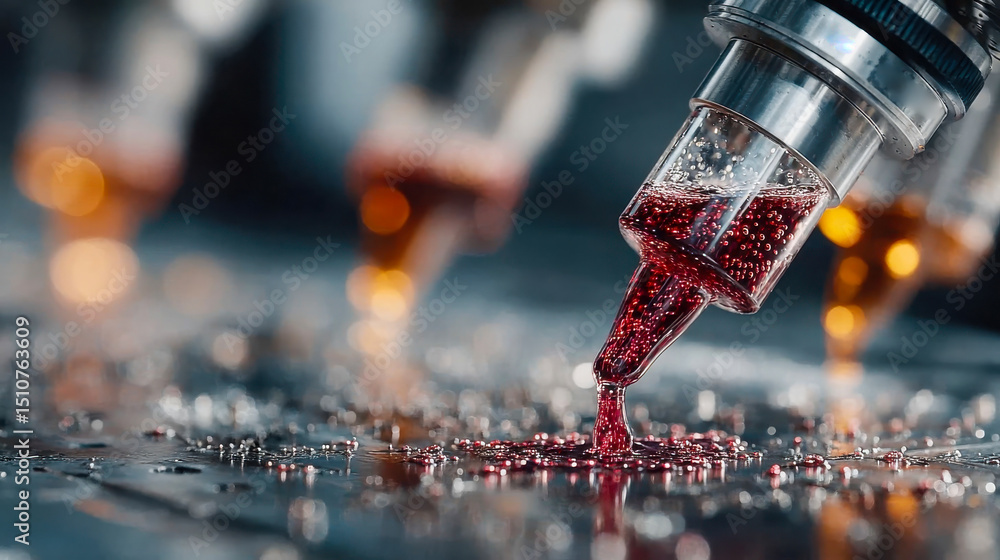 Poster macro view of robotic precision tools dispensing liquids on a circuit board in a high-tech lab