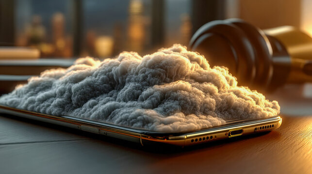 Dense cloud mass emerging from a smartphone, symbolizing cloud computing and digital storage
