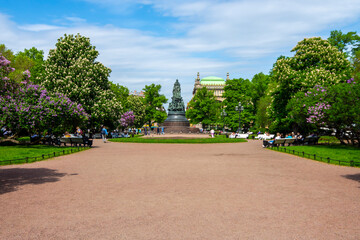 St. Petersburg, Russia - May 29, 2025: Spring Petersburg. View of the Catherine Garden and Eliseevsky Store in spring
