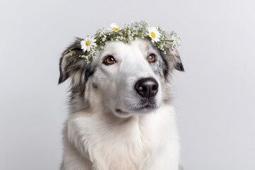 Obraz premium Border collie with flower crown posing against plain backdrop