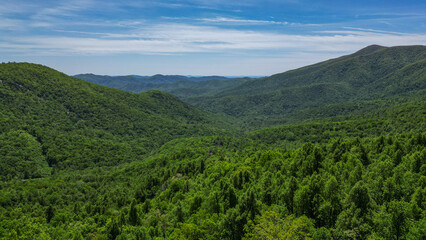 Aerial View of Blue Ridge Mountains from Drone with beautiful color in sky 