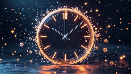 Abstract digital clock with glowing particles and futuristic neon light effects in a modern technology design