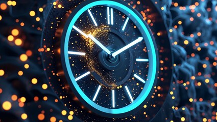 Abstract digital clock with glowing particles and futuristic neon light effects in a modern technology design