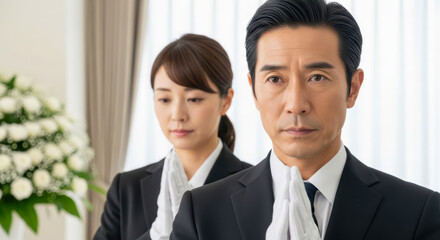 白手袋で合掌する真摯な表情の葬儀スタッフ