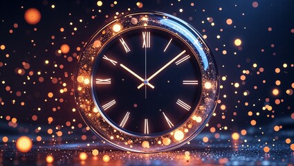 Abstract digital clock with glowing particles and futuristic neon light effects in a modern technology design