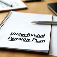 The caption in the picture is Underfunded Pension Plan. Notebook sheet, table, pens.