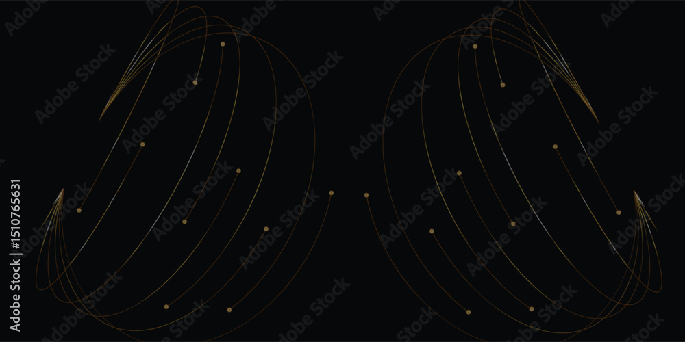 Poster abstract gold lines and dots on a black background. a captivating abstract design featuring curved g