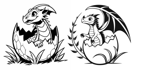 Obraz premium Cute baby dragon hatching from egg illustration