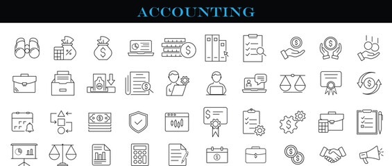 Professional Line Style Accounting & Finance Icon Set – Includes Tax Returns, Audit Reports, Invoices, Bookkeeping, and Business Analytics Icons for Web, Mobile Apps, and Financial Platforms