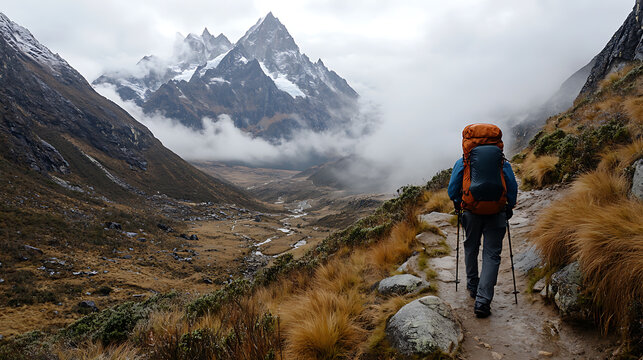 Hiker with backpack traverses a rugged mountain trail under cloudy skies