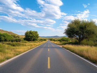 Fototapeta premium Serene rural road lined with trees and shrubs in daylight