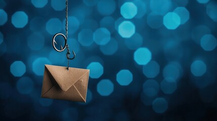 Fishing hook holding mail against dark blue creative image concept close-up view