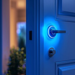 close-up of AI-powered smart lock, sleek door, realistic style, soft ambient lighting, vibrant blue and white tones, rule of thirds with lock on right