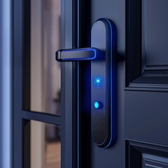 close-up of AI-powered smart lock, sleek door, realistic style, soft ambient lighting, vibrant blue and white tones, rule of thirds with lock on right