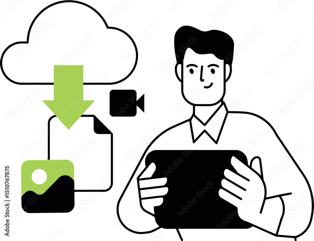Poster downloading files to cloud storage from tablet illustration for data management and backup system ve