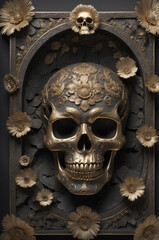 gold and bronze mexican calavera skull with floral ornaments on the surface on display inside an urn