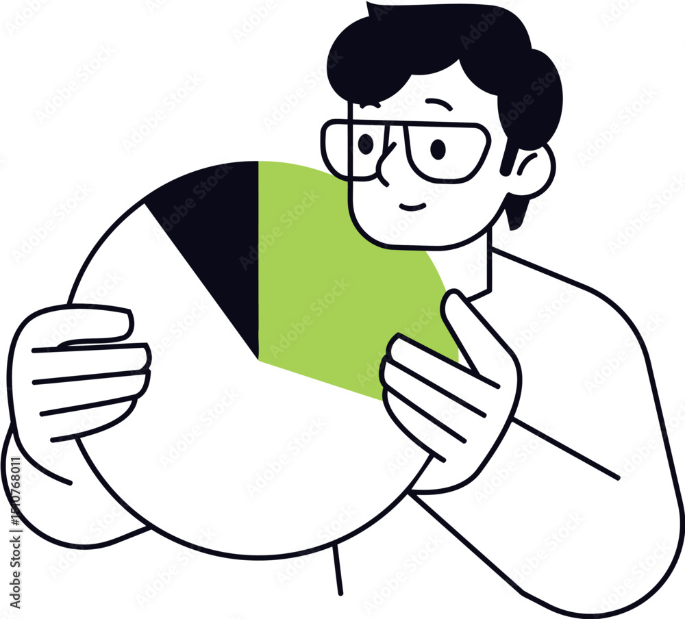 Poster illustration of man analyzing pie chart data for business report and financial performance review su