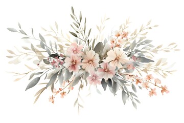 Watercolor blush pink and sage green floral bouquet, neutral colors on a white background, cottagecore style, clipart isolated with a pure white background. 