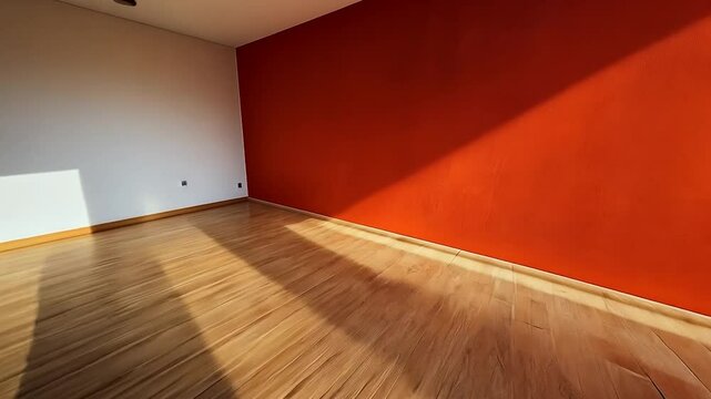 Sunlit Room with Orange Wall and Wooden Floor