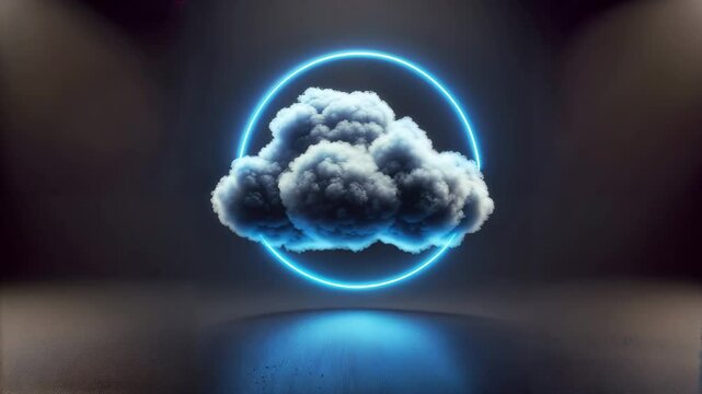 Neon-Outlined Cloud Floating in Dark Studio with Reflective Floor