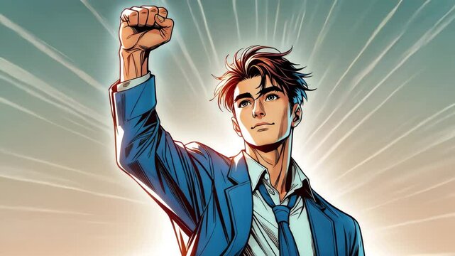 Businessman in Blue Suit Raising Fist Toward Sunrise on Rooftop