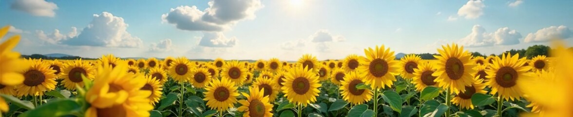 Vast field of vibrant yellow sunflowers stretching to the horizon under a bright summer sky Perfect for agriculture, nature, and summer themes Stunning natural beauty in full bloom , beauty, sky