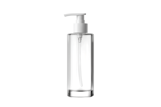 Clear glass pump bottle dispenser isolated on transparent background