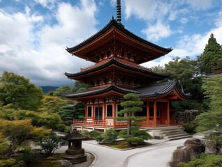Fototapeta premium Three-story red and black pagoda in serene temple garden