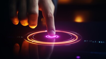 Precise Control: Hand Pressing Luminous Blue Digital Button