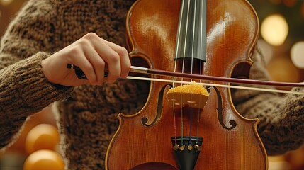 Close-up view of a person playing a cello.