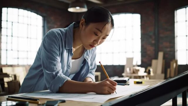 Focused Asian Architect Crafting Detailed Blueprints in a Loft Workshop