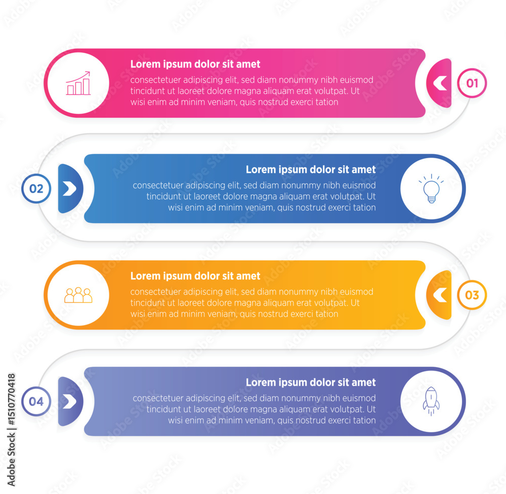 Wall mural business colorful infographics template. 4 steps rounded timeline with options and marketing icons .
