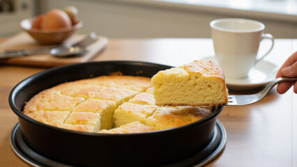 Butter cake freshly baked in a black round pan, cut into squares, one lifted on a spatula