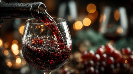 Red wine pouring into a crystal glass, elegant and refined moment of indulgence.