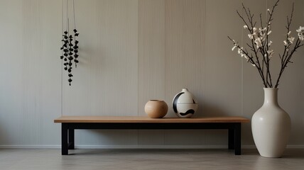 Beige-toned room with a wooden bench and decorative objects